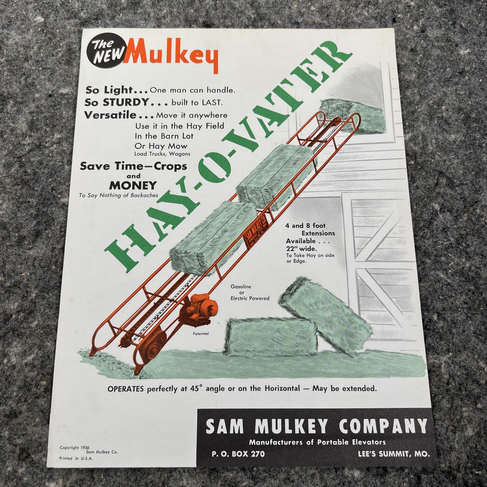 Original 1956 SAM MULKEY HAY-O-VATER One page Brochure