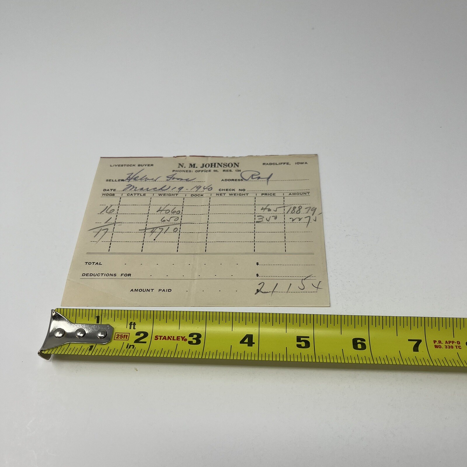 1940 N.M. Johnson Radcliff Iowa Livestock Buyer Receipt For 17 Hogs Farming