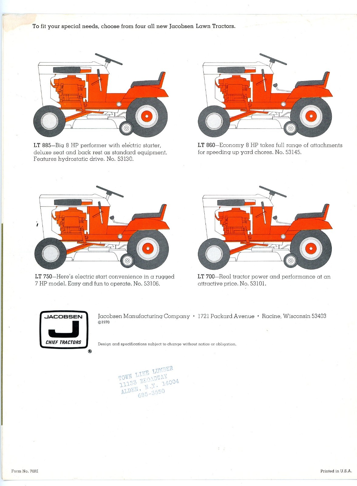 Jacobsen LT 700 750 860 & 885 Mower 1970 brochure Jacobsen Man&rsquo;f Co Racine Wisc