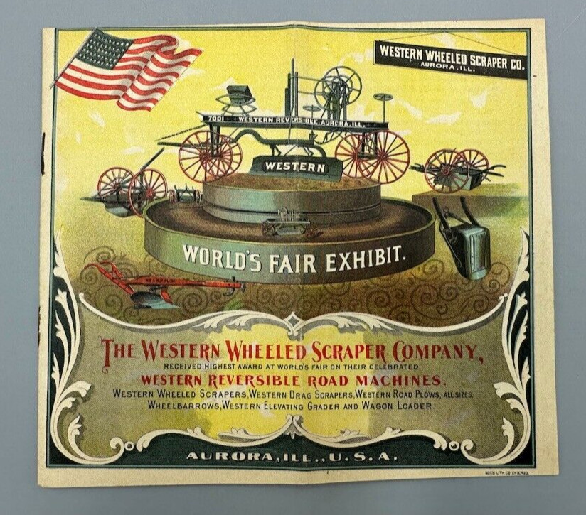 1893 ROAD MACHINE Western Wheel Scraper WORLDS FAIR Catalog Trade Card AURORA IL