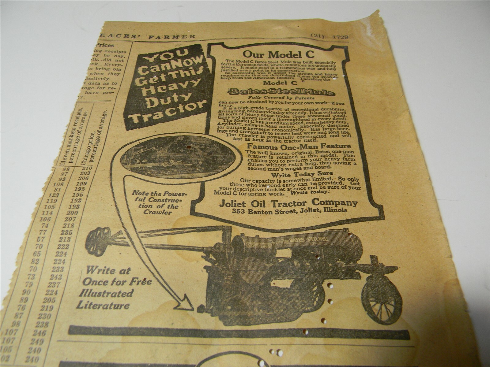 Vintage 1917 Joliet Oil Tractor Co. Farm Implement Man Cave 1910&rsquo;s Print Ad 5E1