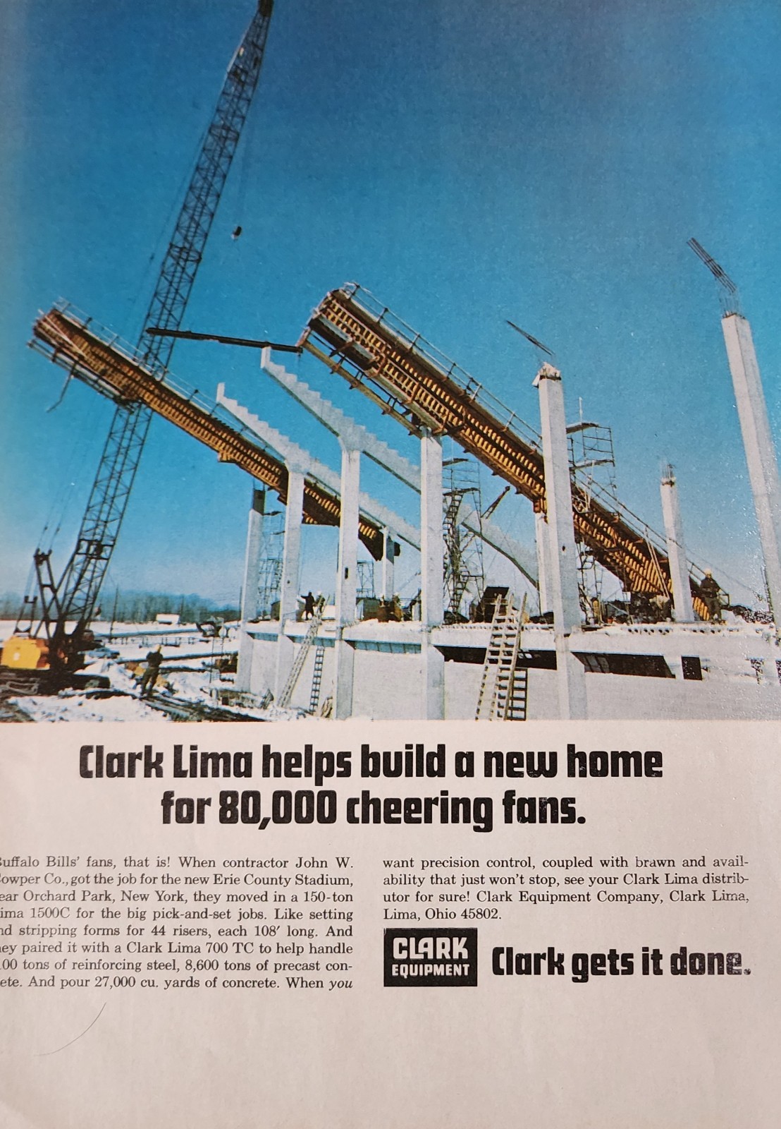 Clark Crane Equipment Picture Magazine Ad Original 1973 Buffalo Bills Stadium