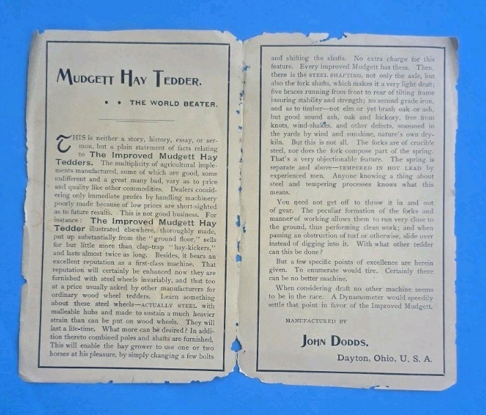 Antique John Dodds Hay Tedder Foldout Promo Farmer Victorian Trade Card!
