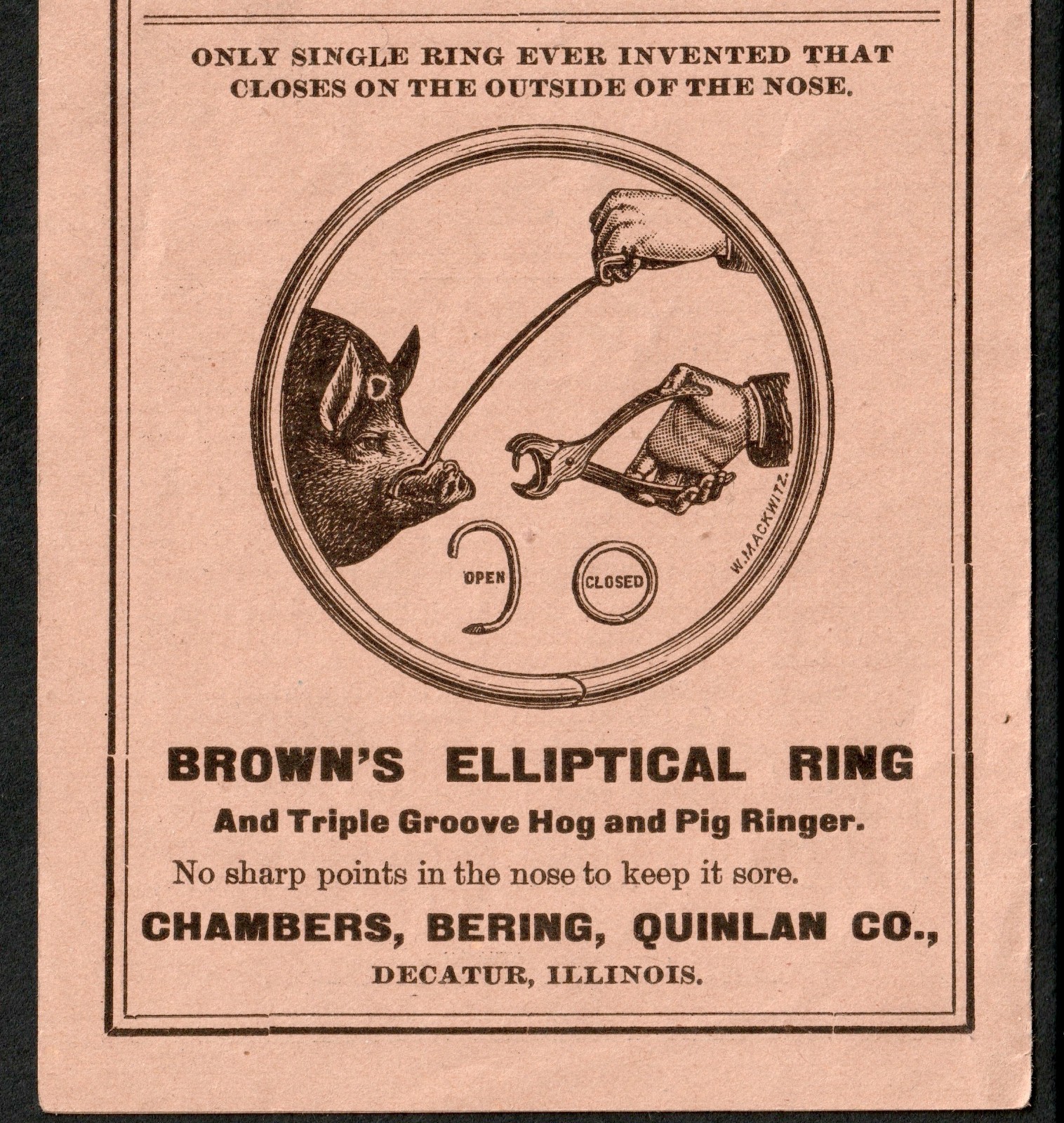 Corn Planter Hog Ring Chambers Bering Quinlan Decatur Ambigram Trade Card SR.f.h