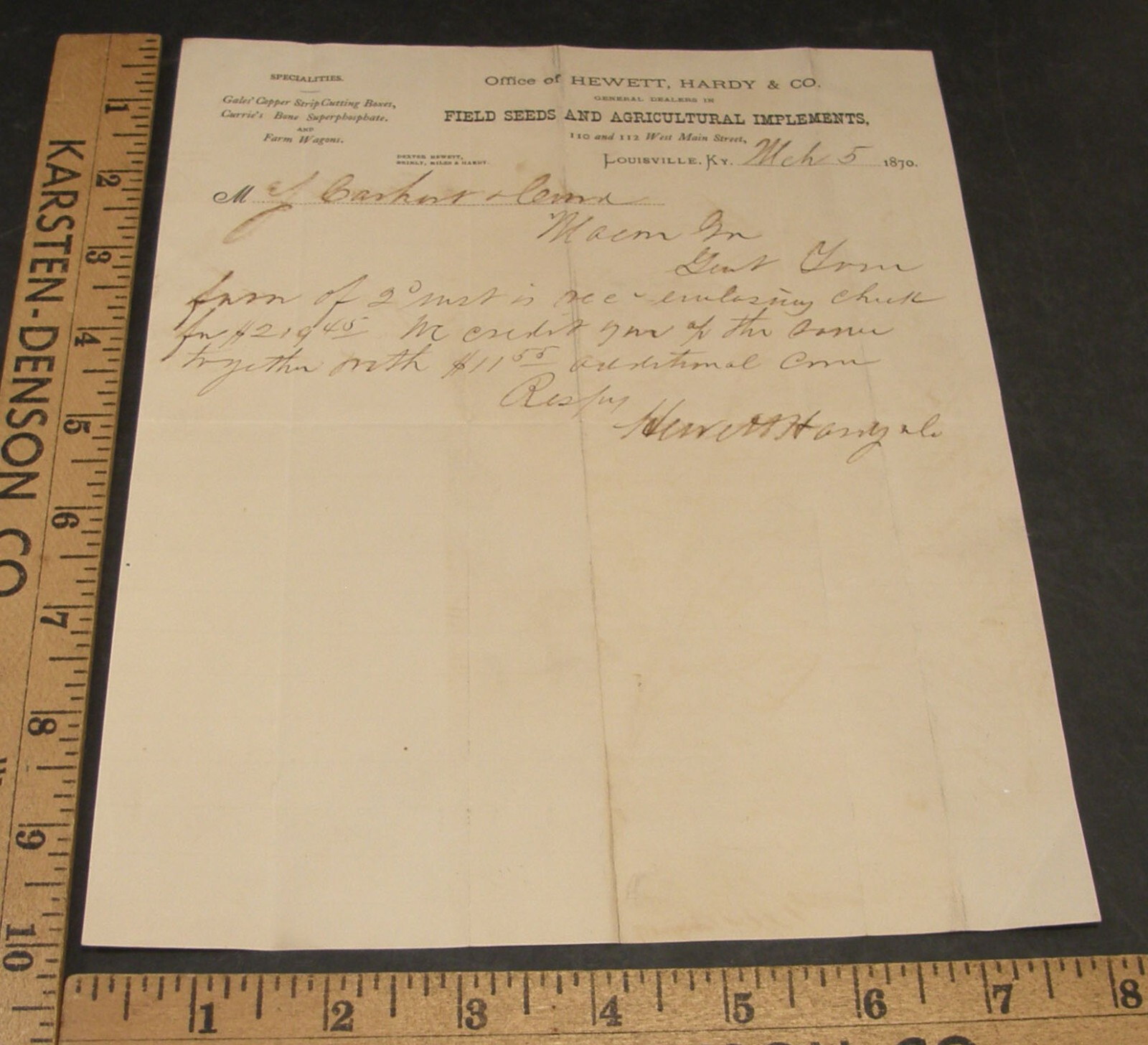 ANTIQUE LETTERHEAD HEWETT HARDY CO SEEDS & AGRICULTURAL IMPLEMENTS LOUISVILLE KY