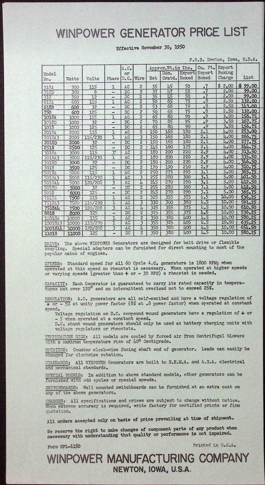 1950 WinPower Alternating & Direct Current Generators Brochure & Price List