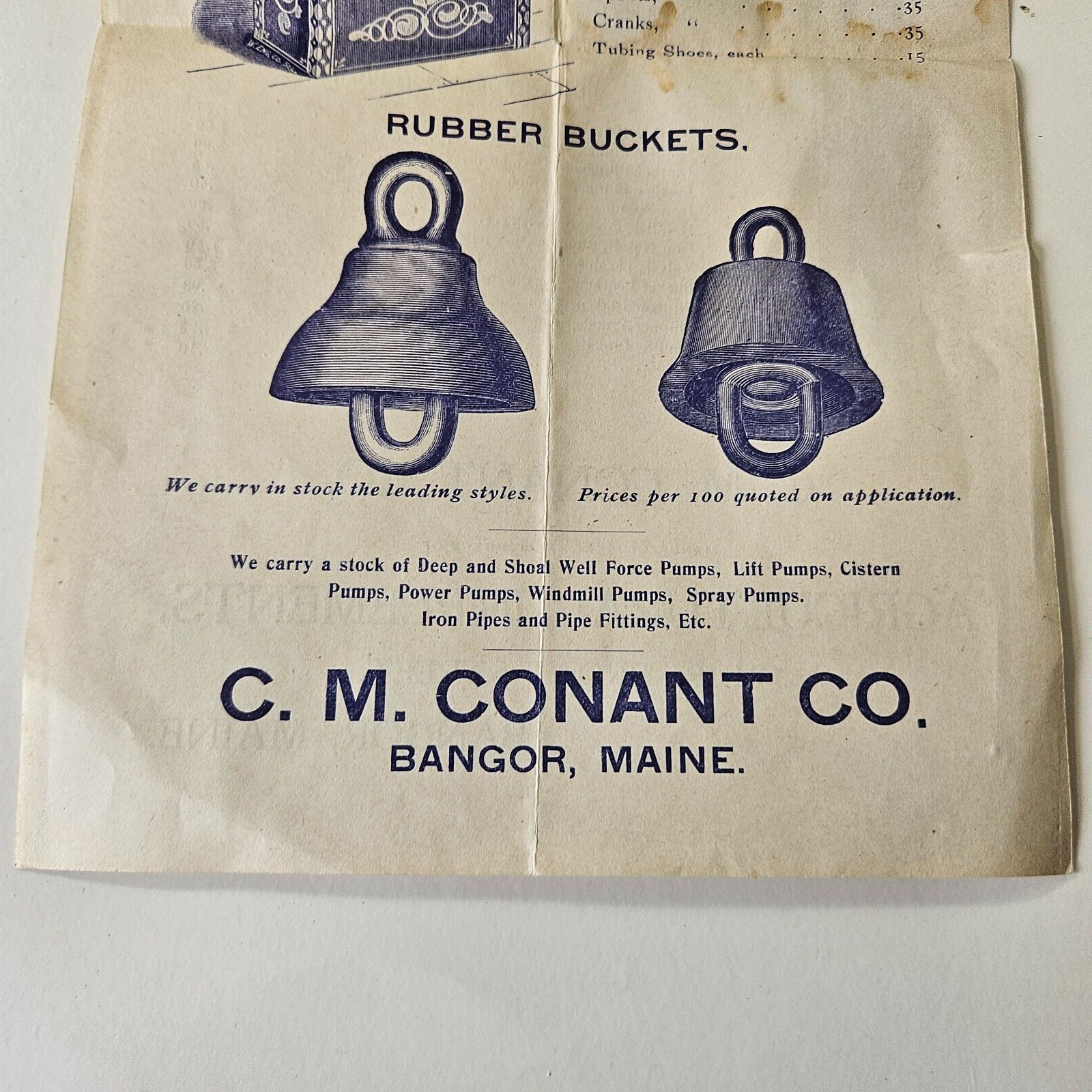 Late 1800&rsquo;s Conant Co Bangor Maine Sales Brochure Wood & Bucket Chain Water Pimp