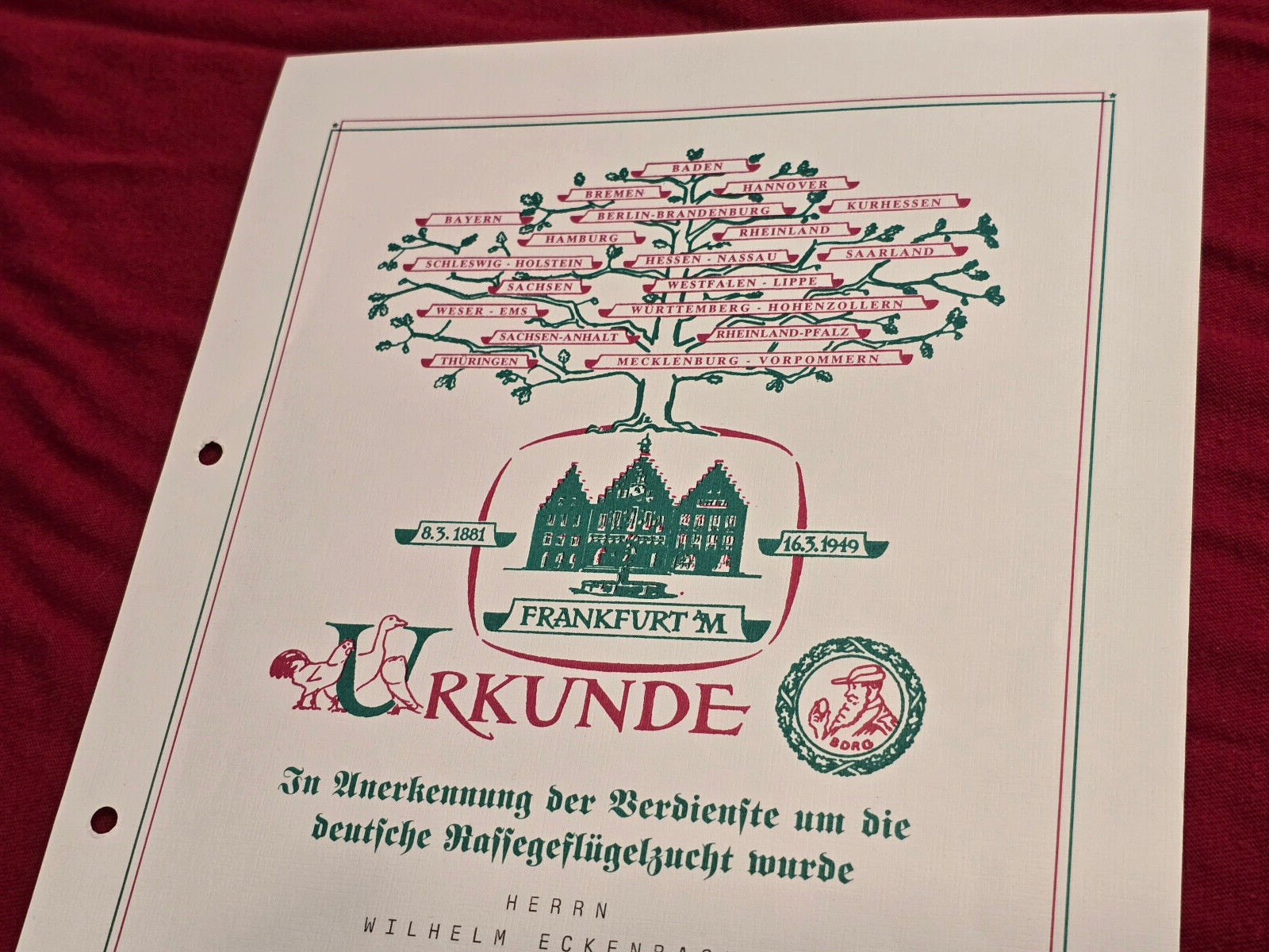 GERMAN URKUNDE FRANKFURT aM Poultry Chicken Farm Breeders award document