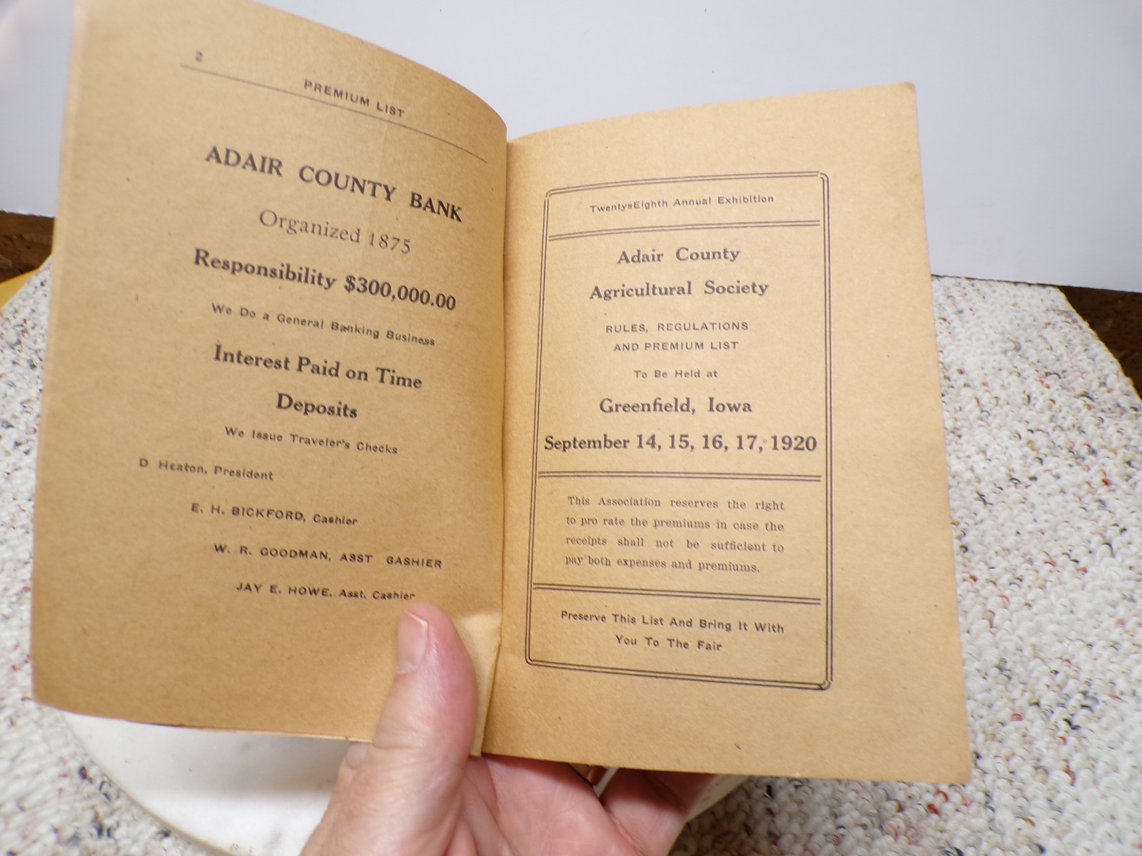 1920 Adair County Ag Society Premium List Book Greenfield Iowa FAMILY INSIDE?