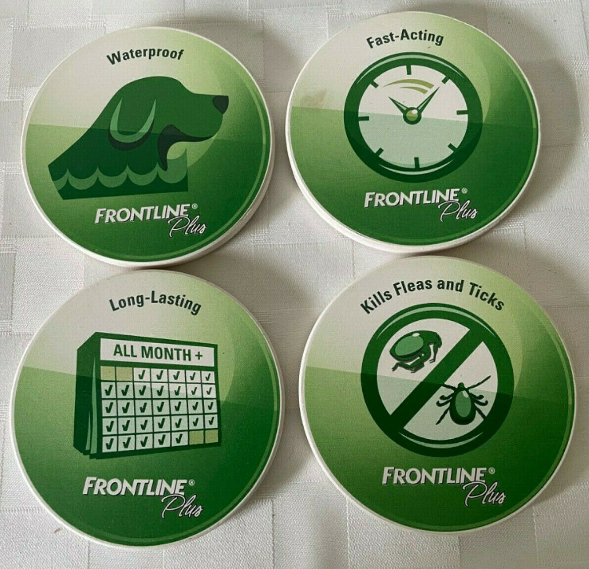 Frontline Plus Dog Flea Tick Promo Coasters Set of 4 Ceramic Cork Back 3.5” Vtg