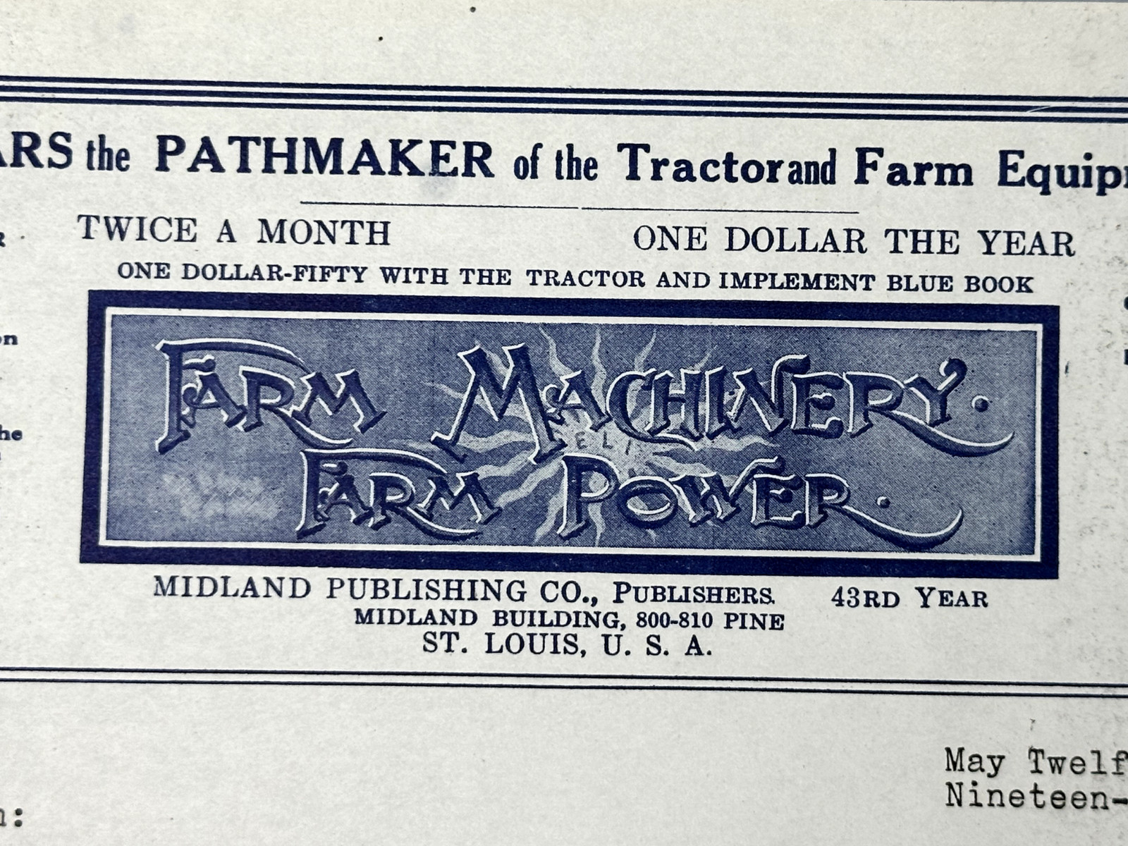 1920 FARM Machinery Power TRACTOR Magazine Advertising Letter Billhead Antique
