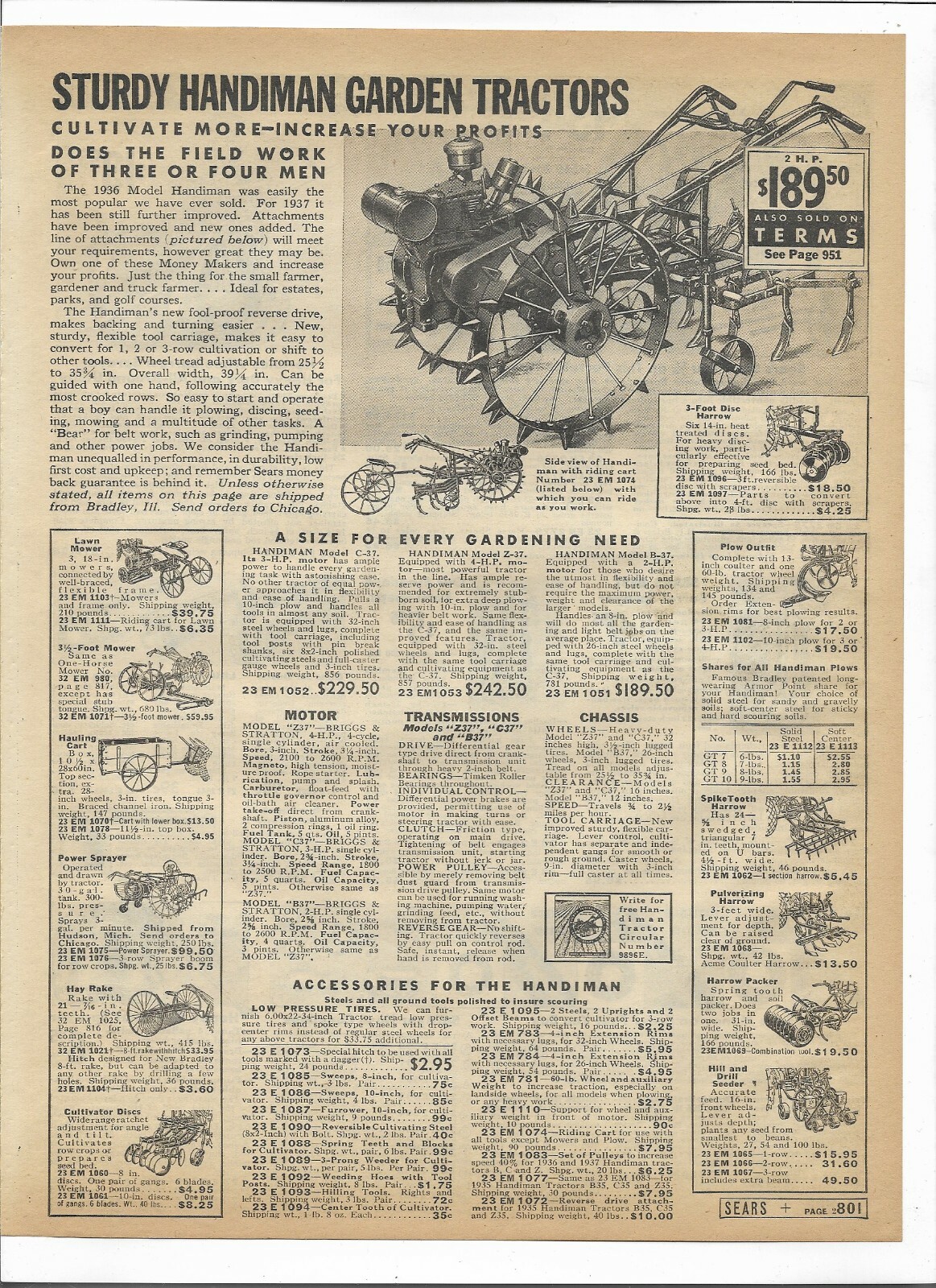 1937 Sears Catalog Ad Pages Camp Utility Trailer Crop Sprayer Garden Tractor