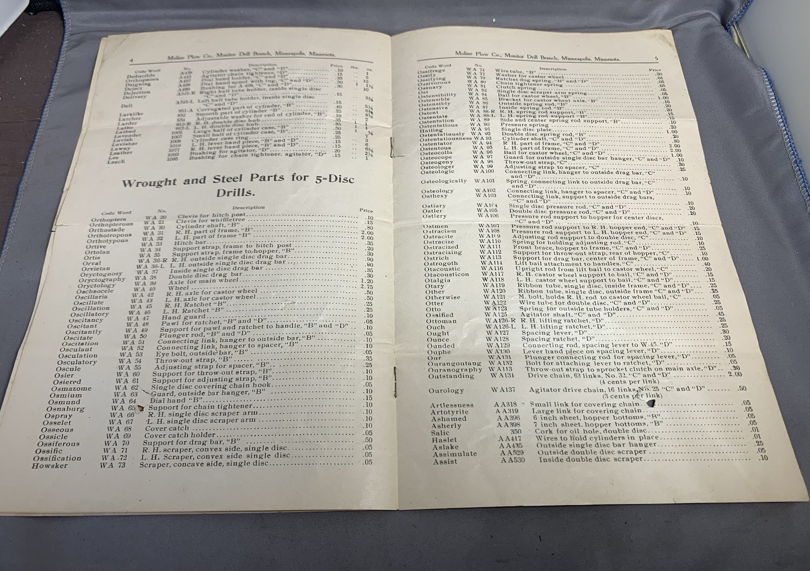 Moline Plow Company Monitor Style « B », « C » and « D » Five Disc Drills Repair List
