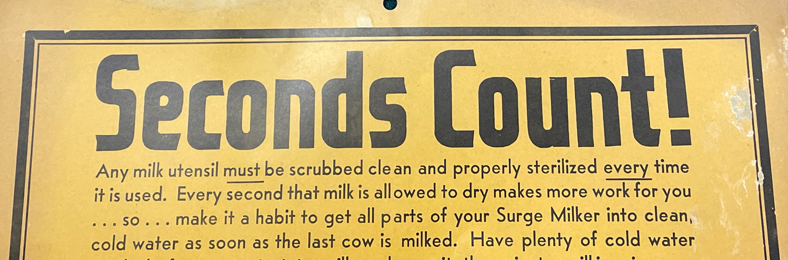 VTG Babson Bros. “SECONDS COUNT” Milking Equipment Sterilization 22”x14” Poster