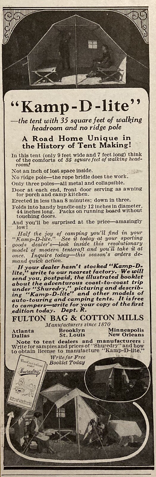1924 AD(XF6)~FULTON BAG & COTTON MILLS, ST. LOUIS. “KAMP-D-LITE” CAMPING TENTS