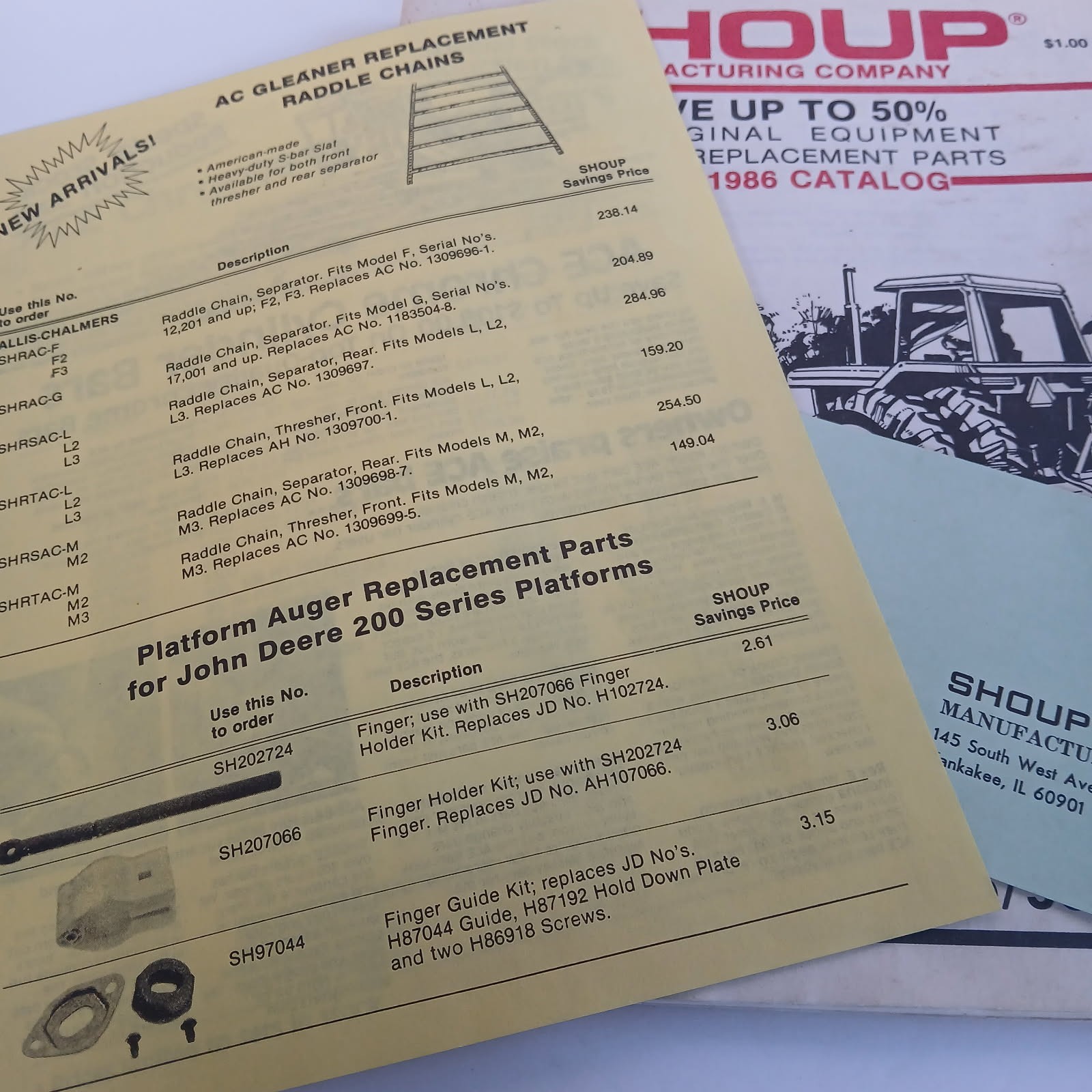Shoup Manufacturing Company Fall 1986 Catalog Tractor Parts Kankakee IL. Farming