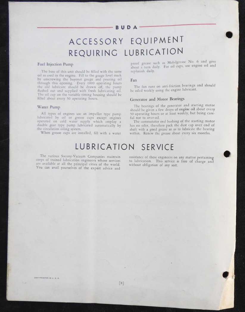 1928 Buda « Diesel Engines for Industrial Use » Lubrication Guide ORIGINAL!
