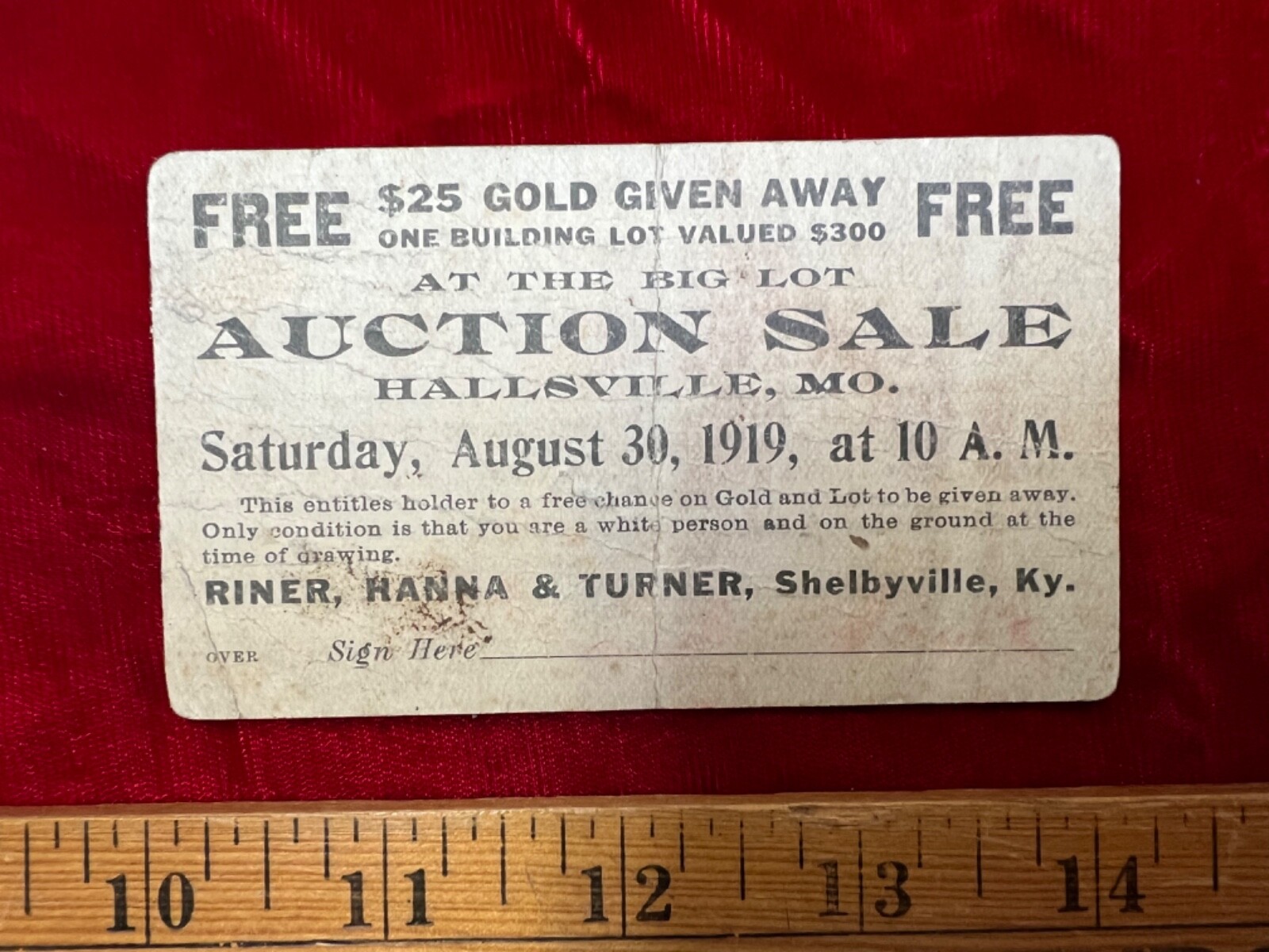 1919 August 30-Auction Advertising – Hallsville – Missouri Gold Giveaway Ticket