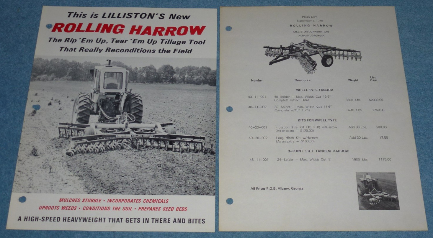 Vtg 1969 Lilliston 4000 Series Rolling Harrow Farm Equipment Brochure Price List