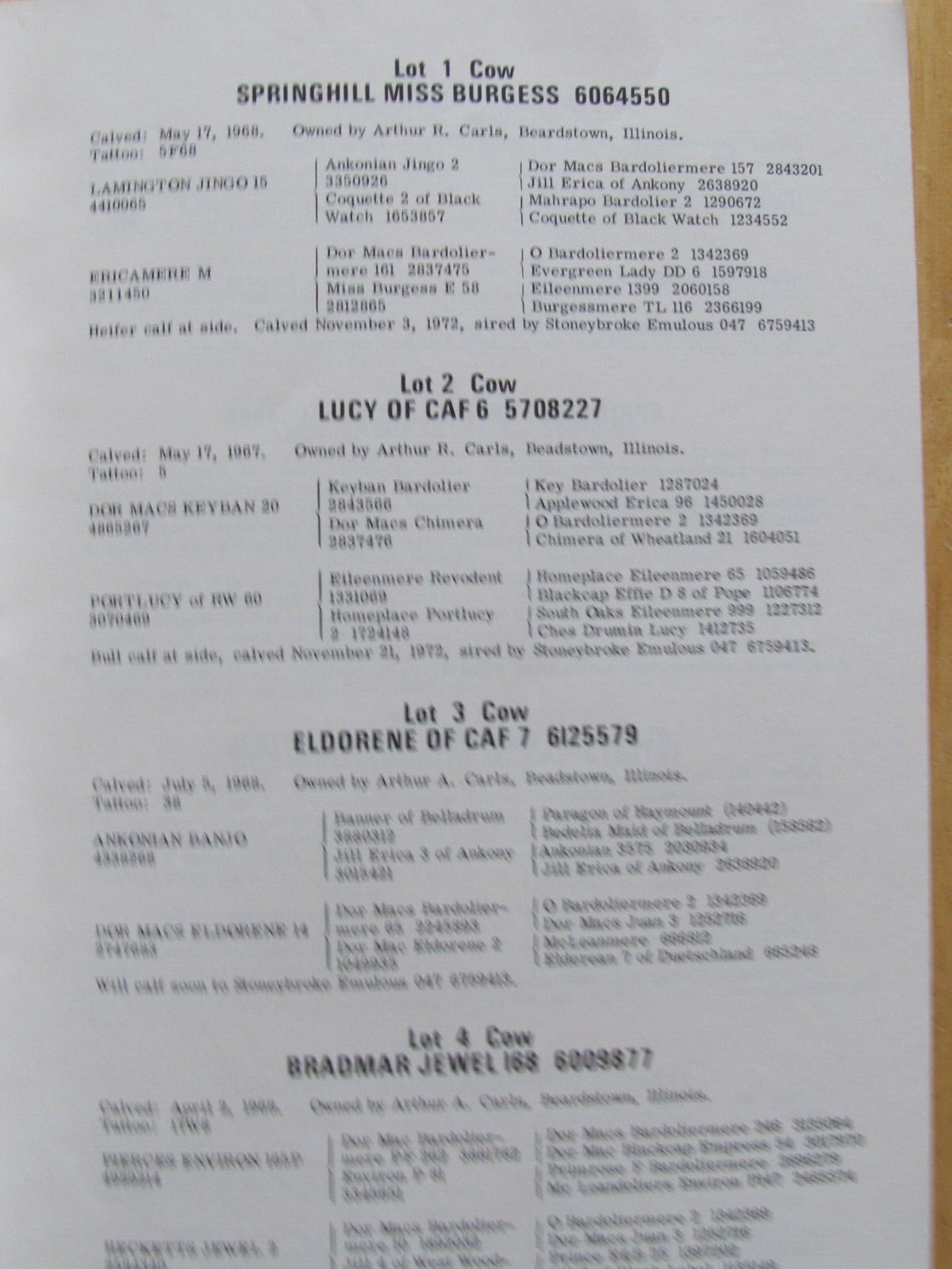 1973 ANGUS BREEDER CATTLE HERD SALES CATALOG ARTHUR CARLS BEARDSTOWN IL