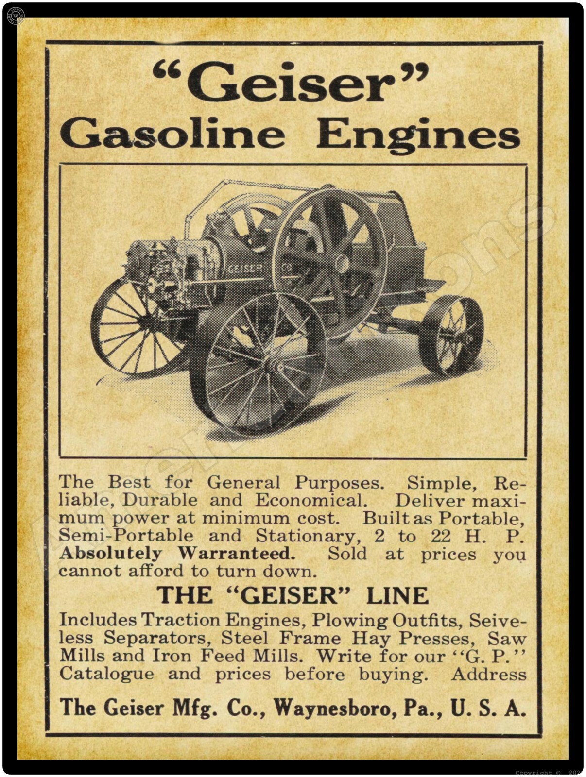 1910 Geiser Gas Power Engines New Metal Sign: Waynesboro, Pennsylvania
