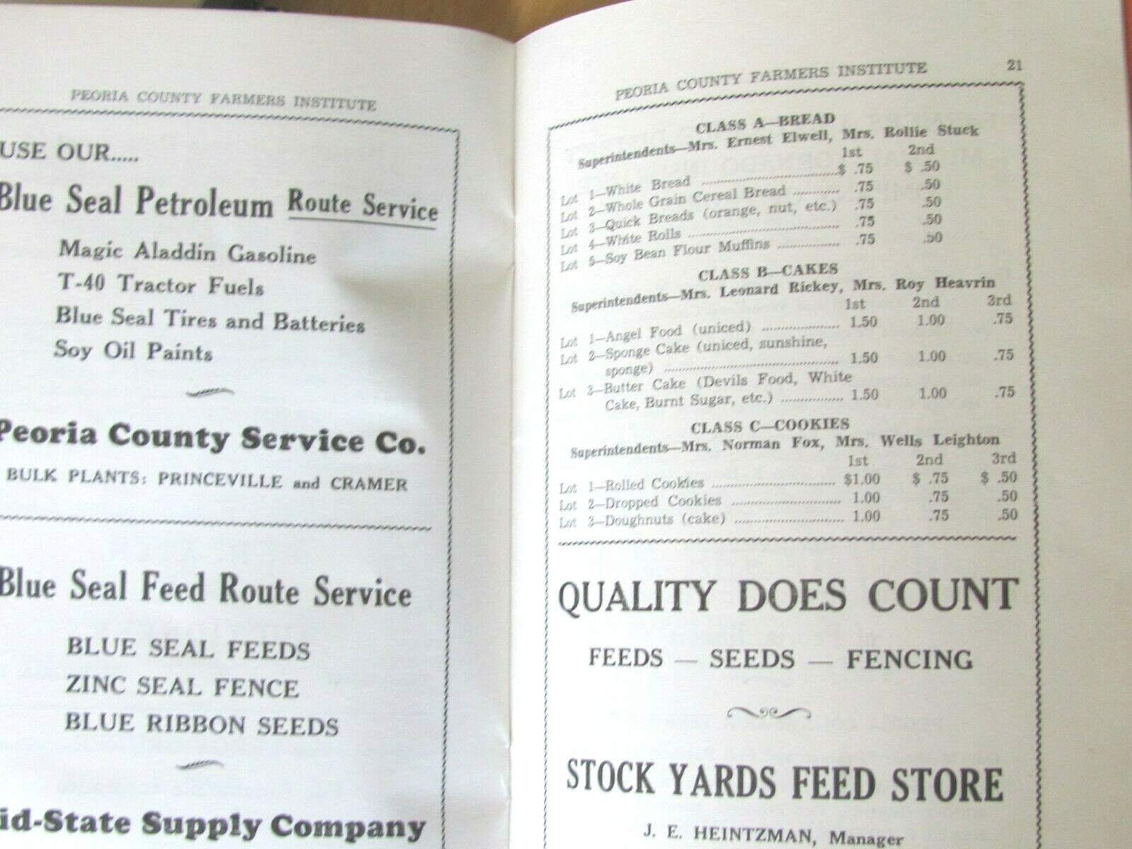 1943 SHOW PROGRAM BOOK PEORIA COUNTY FARM INSTITUTE DUNLAP IL LOCAL ADVERTISING