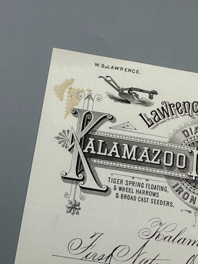 1885 KALAMAZOO MI IRON WORKS Diamond PLOW FARM Bank Draft Antique ADVERTISING