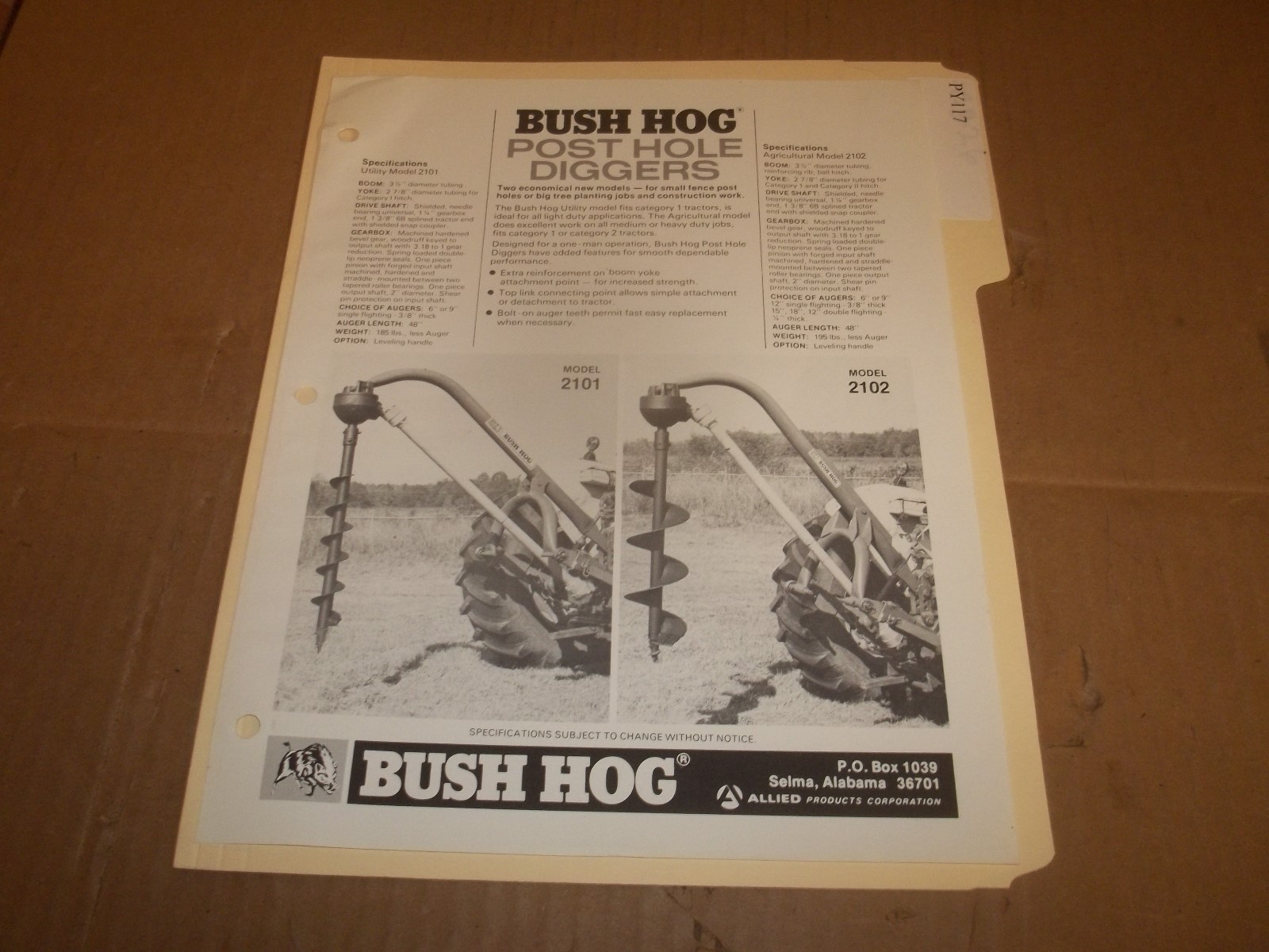 PY117) Bush Hog Sales Brochure 2 Pages – Post Hole Diggers