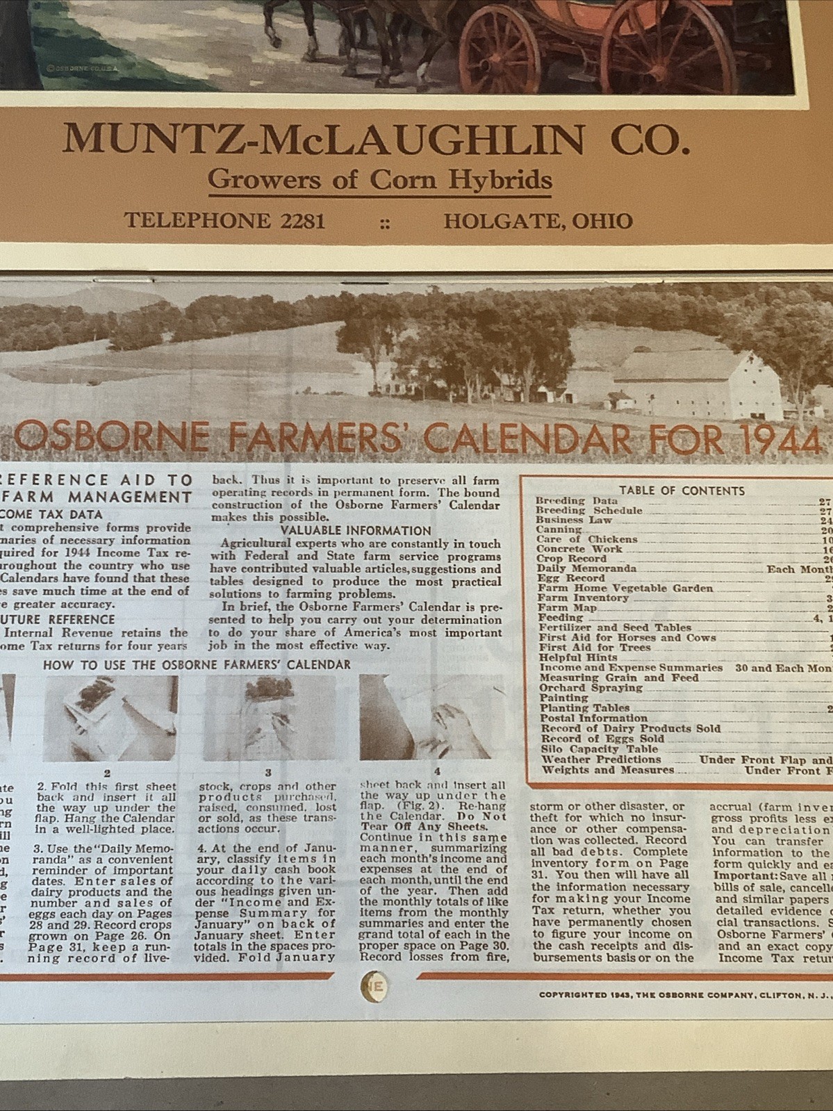 1944 Muntz-McLaughlin Co. Farm Inventory Calendar Holgate OH INV-P0547