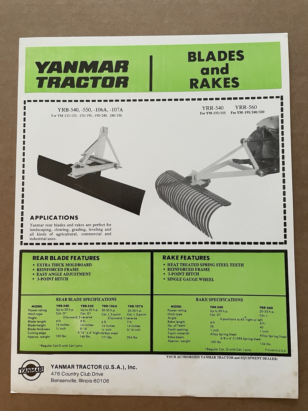 Vintage YANMAR DIESEL ENGINE Cut-Out Brochure Japan BLADES and RAKES uncut #1