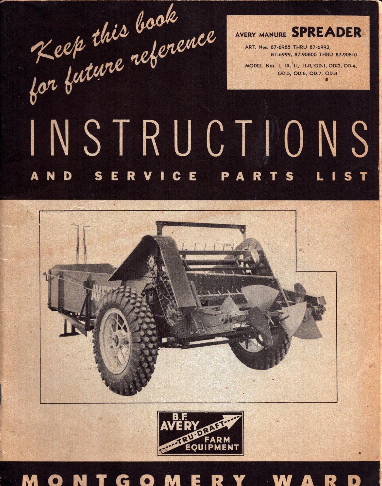 Vintage Avery Manure Spreader Instructions and Parts List