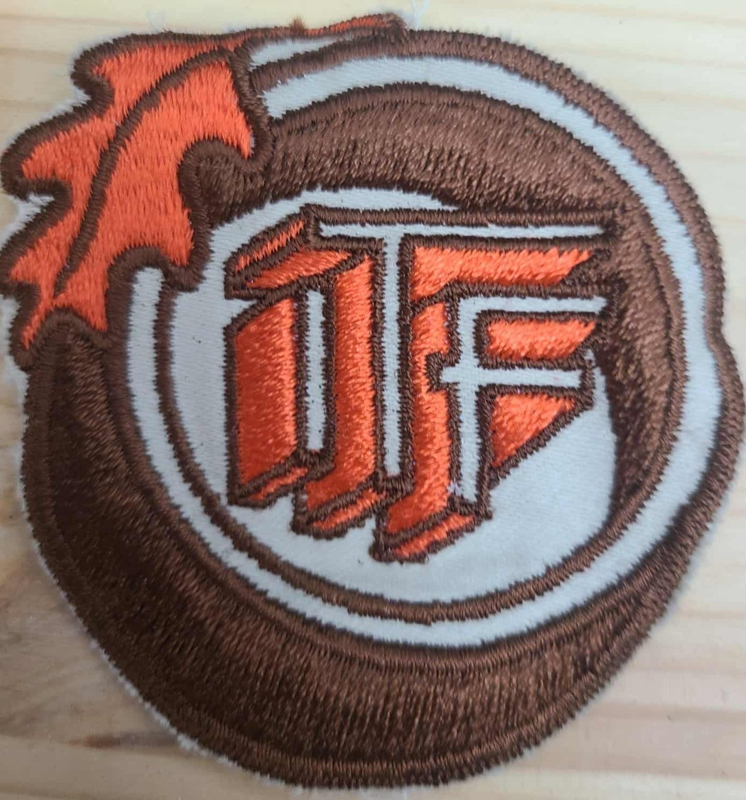 Vintage Embroidered Patch Badge Orange Brown Flame Logo Emblem Sew-On Sewing