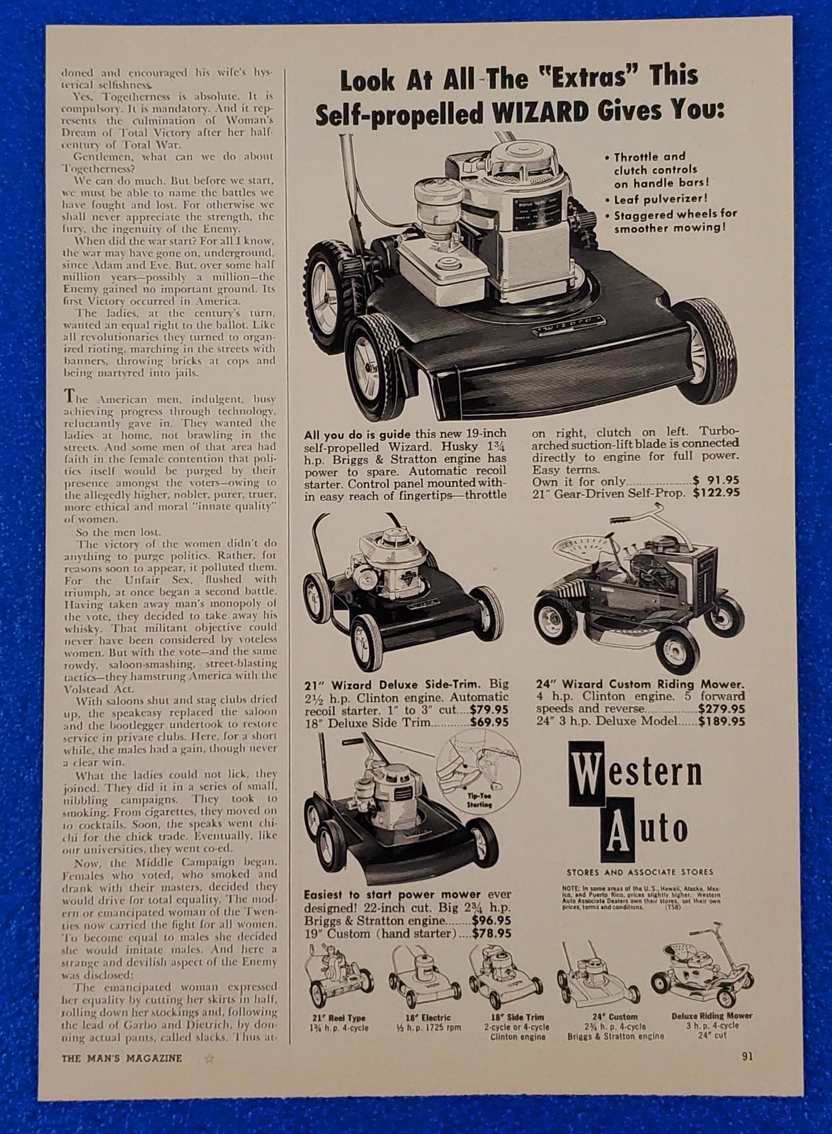 1958 WESTERN AUTO « WIZARD » LAWN MOWER PRODUCT LINE UP ORIGINAL CLASSIC PRINT AD