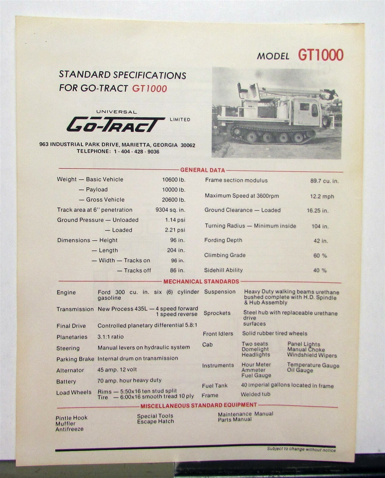 1976 Go Tract GT1000 Specifications Construction Sales Brochure