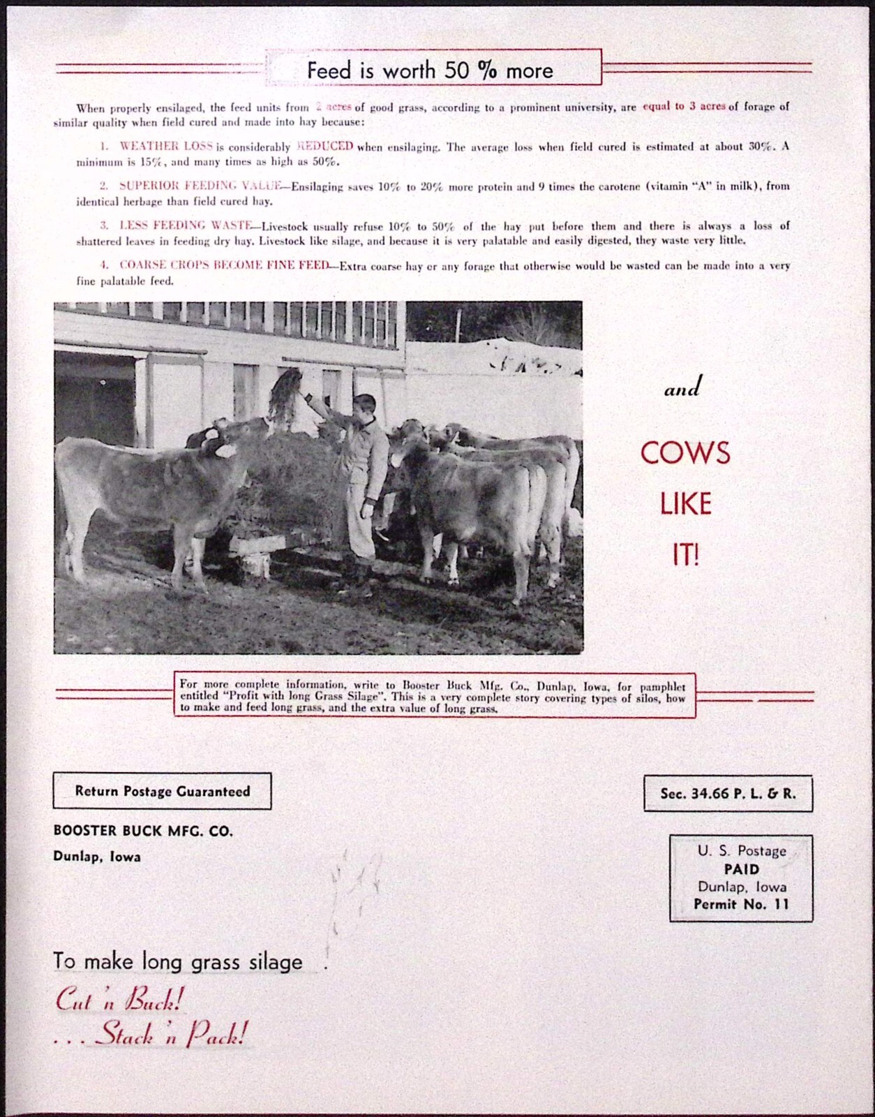1954 Make Long Grass Silage From Tractor Seat Booster Buck Mfg Co Brochure