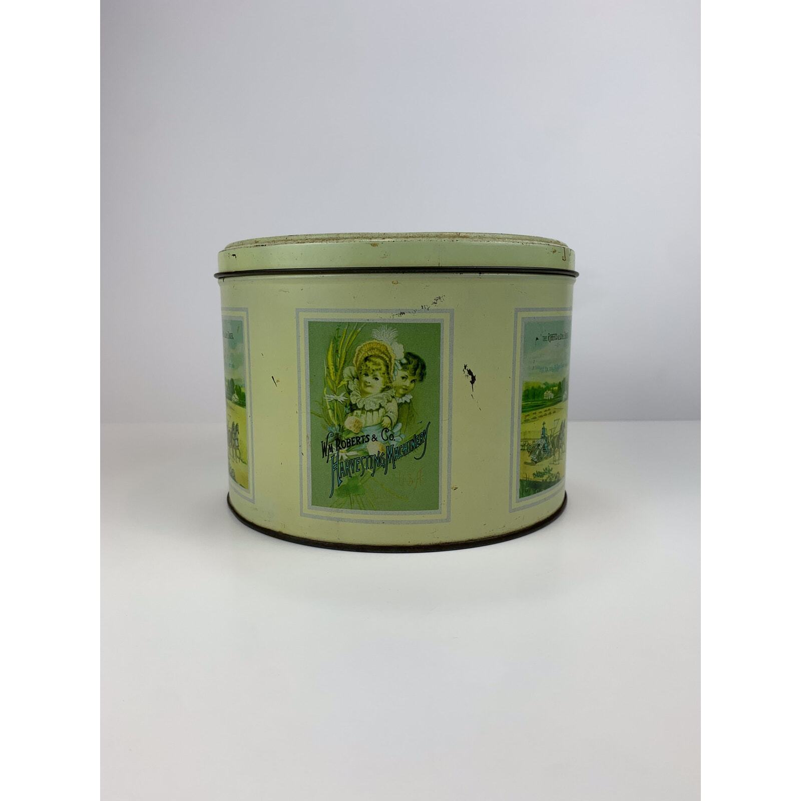 Vintage Round Advertising Tin WM Roberts & Co Harvesting Machinery Made In Italy