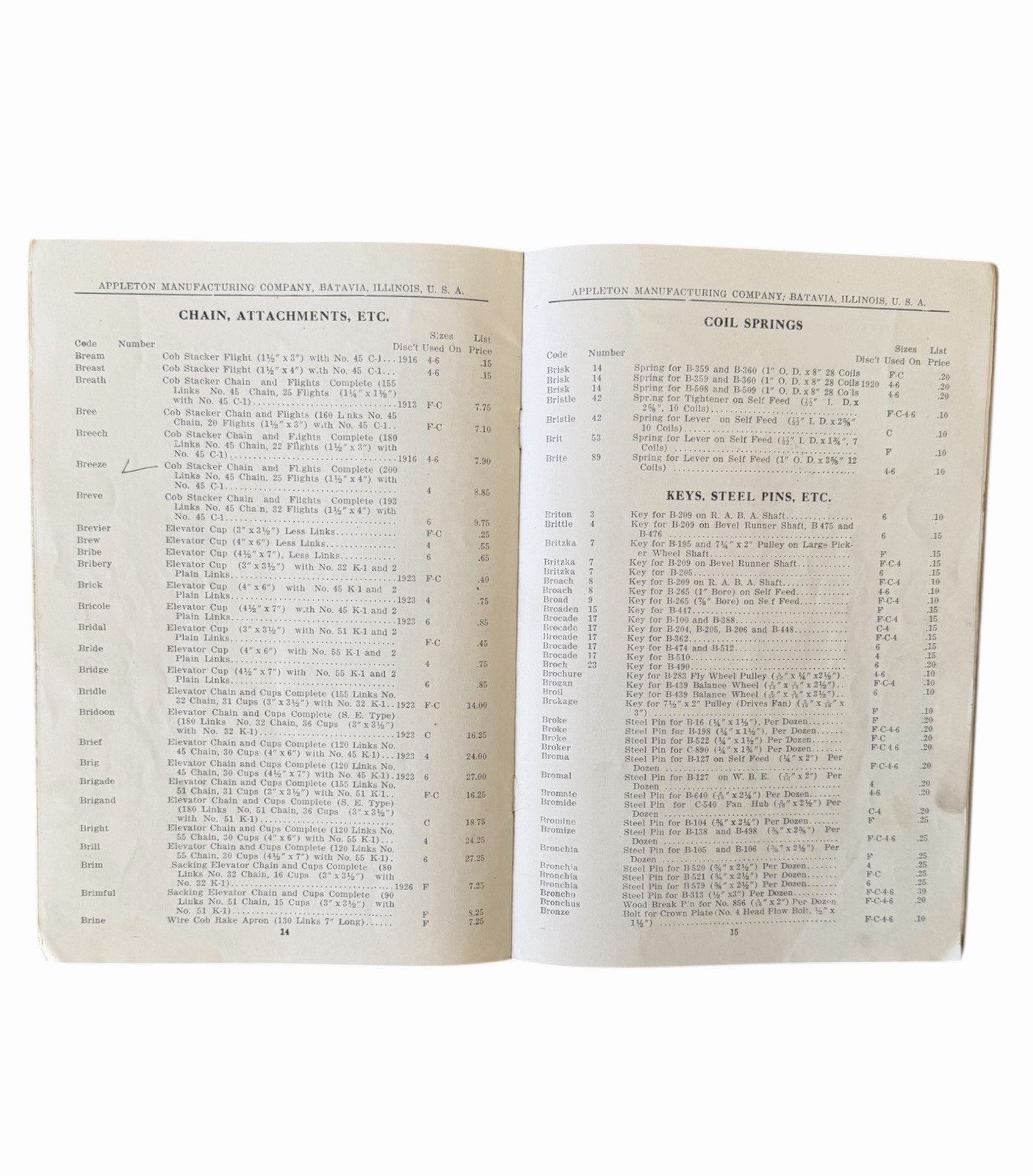 Appleton Mfg Co Spring Corn Shellers Parts List Batavia Illinois c.1929