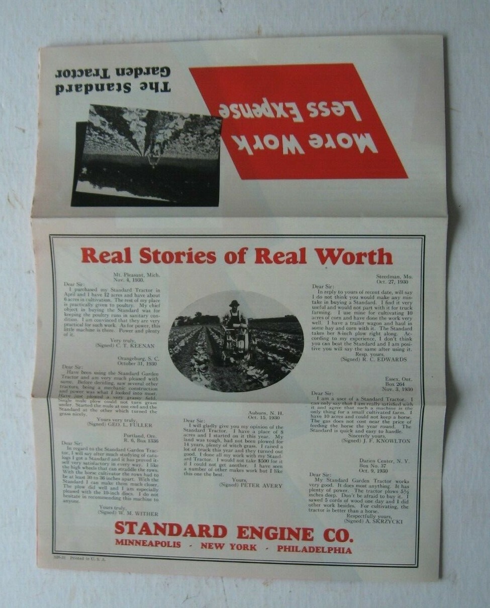 Three 1930&rsquo;s Standard Engine Company, Standard Garden Tractor Farming Brochures