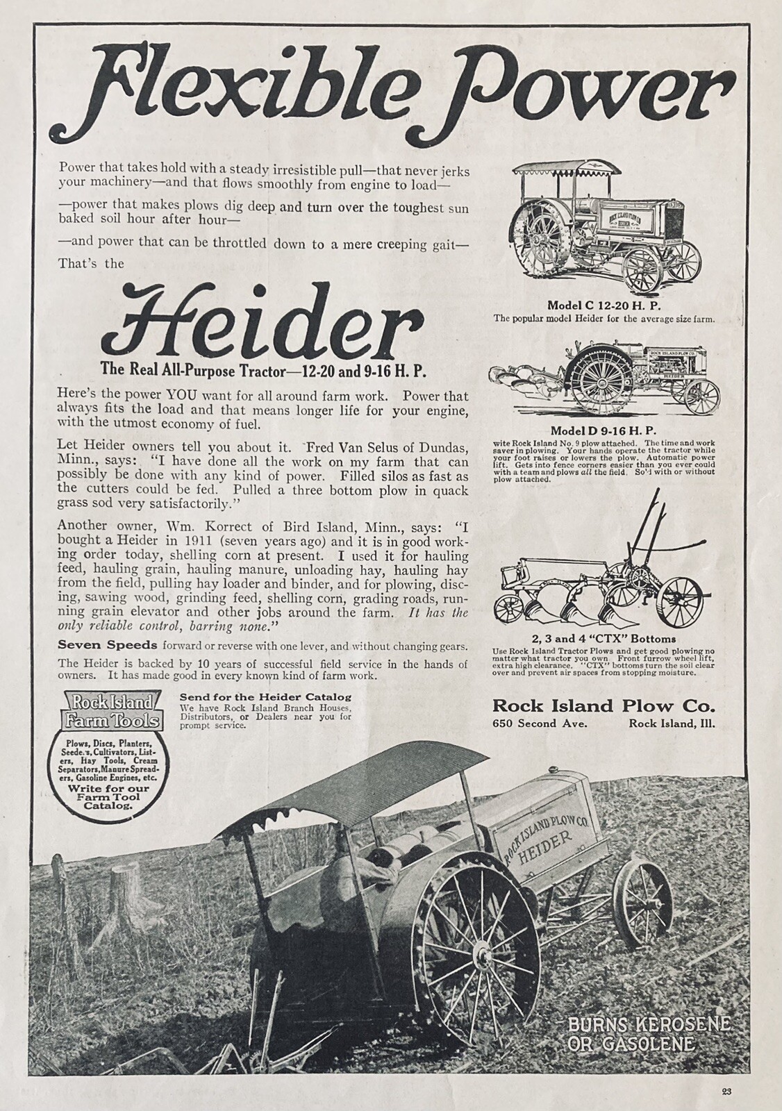 1918 AD.(XH66)~ROCK ISLAND PLOW CO. ROCK ISLAND, ILL. HEIDER ALL-PURPOSE TRACTOR