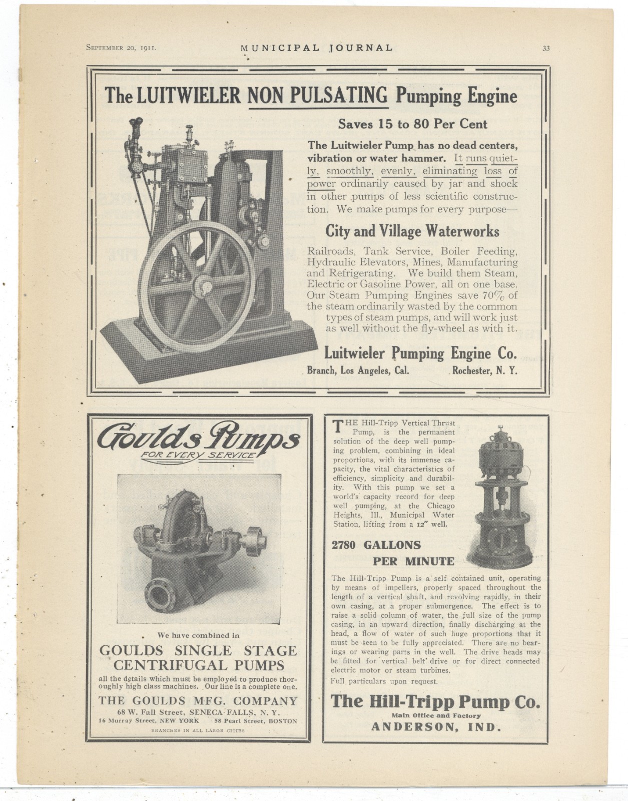1911 Luitwieler Pumping Engine Co. of Rochester, New York Ad: Non Pulsating