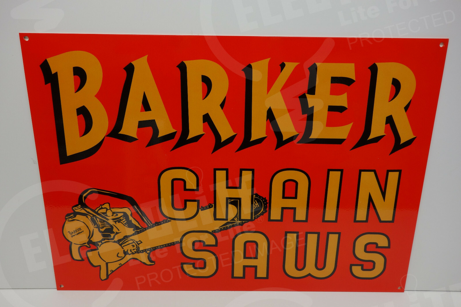 BARKER CHAIN SAW STEEL DEALER DIE CUT Sign Rare ENAMEL 14&Prime; BY 20&Prime;