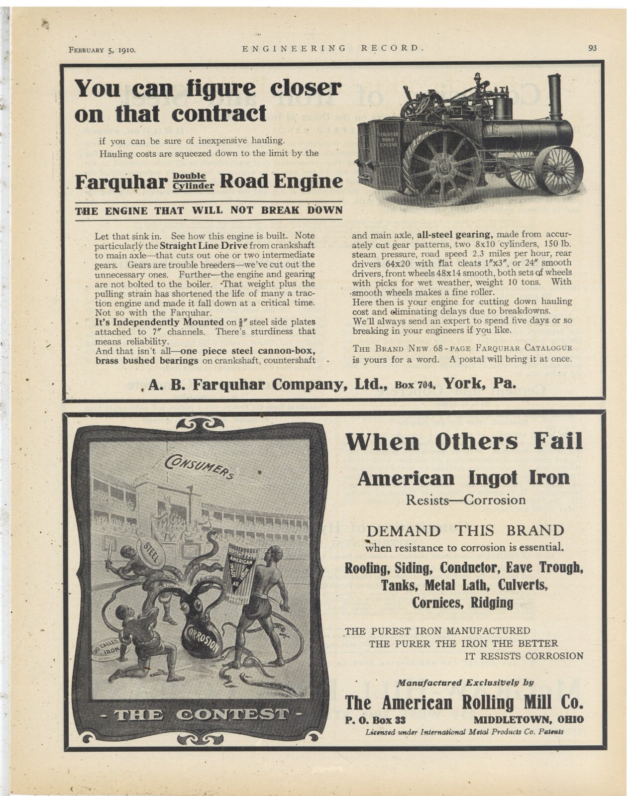 1910 A.B. Farquhar Company Ad: Double Cylinder Road Engine – York, Pennsylvania