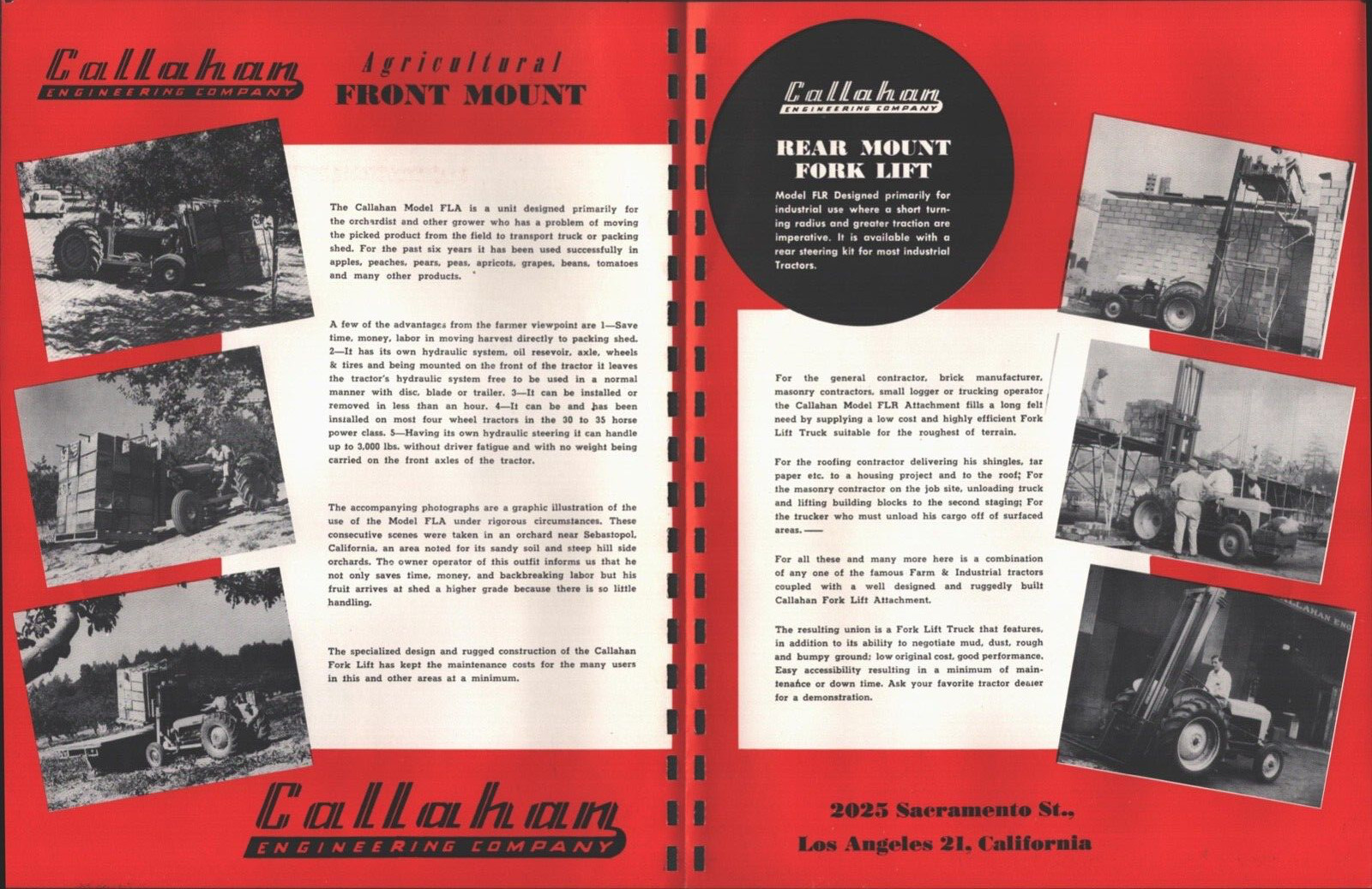 1958 CALLAHAN FORKLIFT ATTACHMENT vintage advertising sales flyer LOS ANGELES