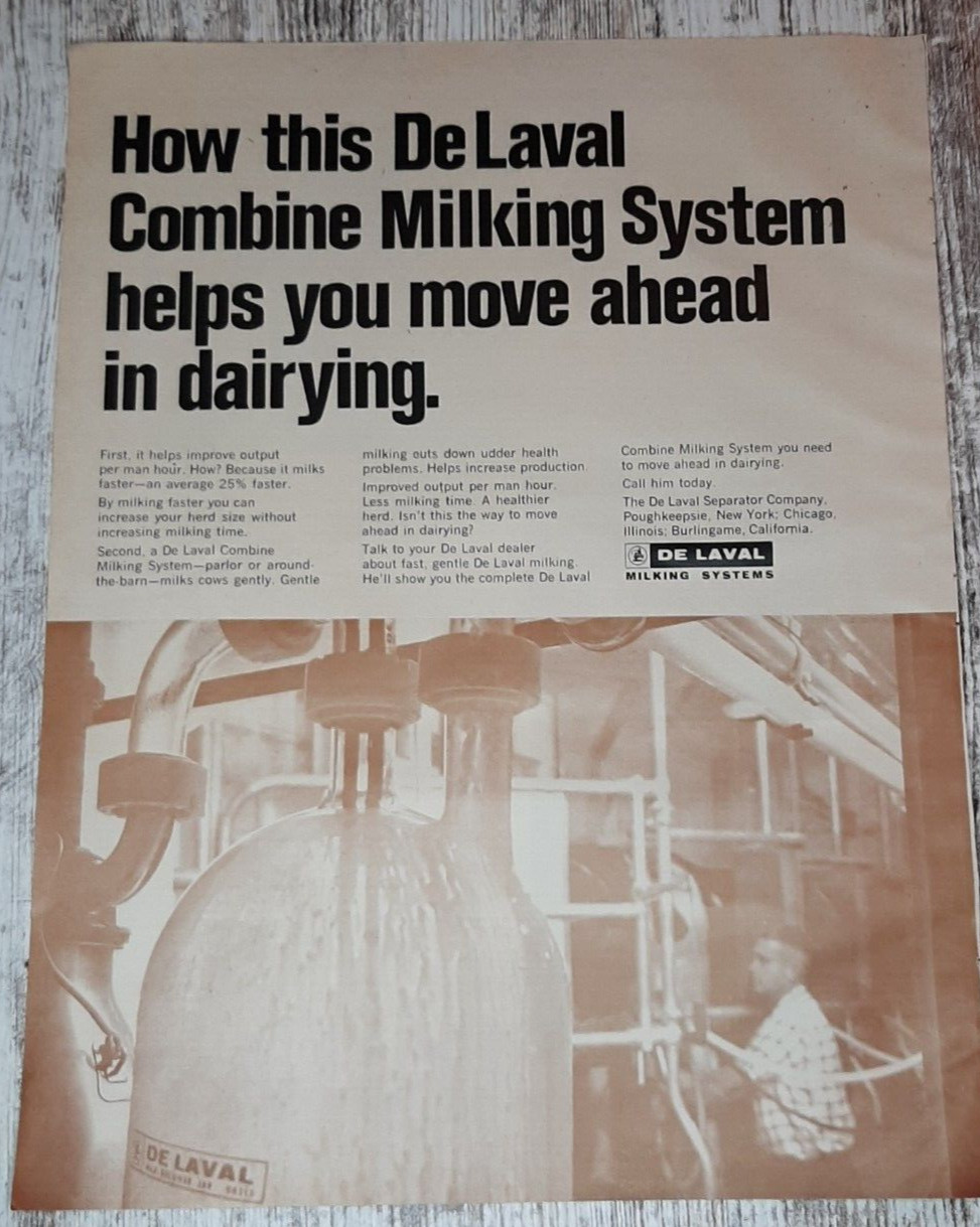 1966 DeLaval Vintage Print Ad Combine Milking System Farm Dairy Production Cows