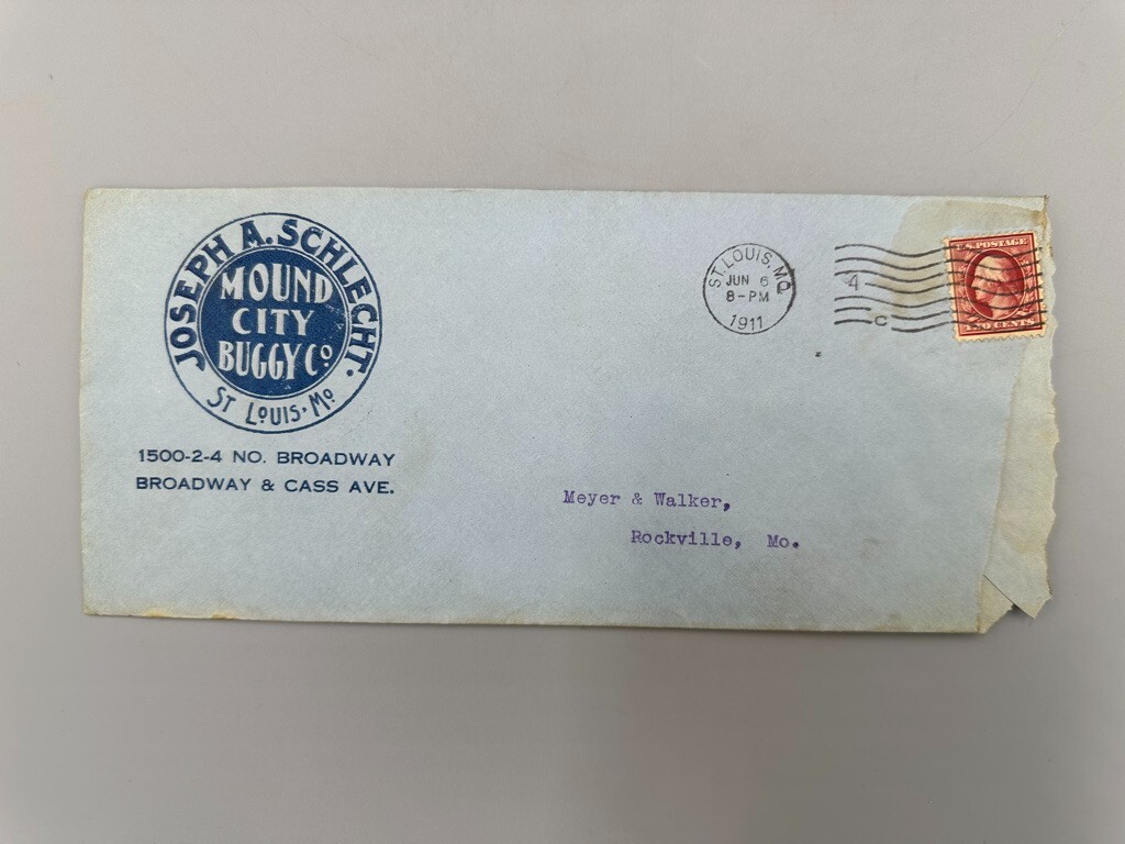 1911 MOUND CITY BUGGY Co Schlect AUTOMOBILES Postal Cover Farm Advertise Letter