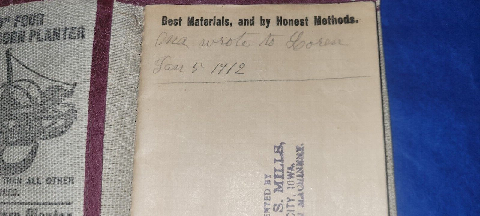 ROCK ISLAND PLOW Co 1912 Adv Notebook Implement A.D & F.S. MILLS CENTRAL CITY IA