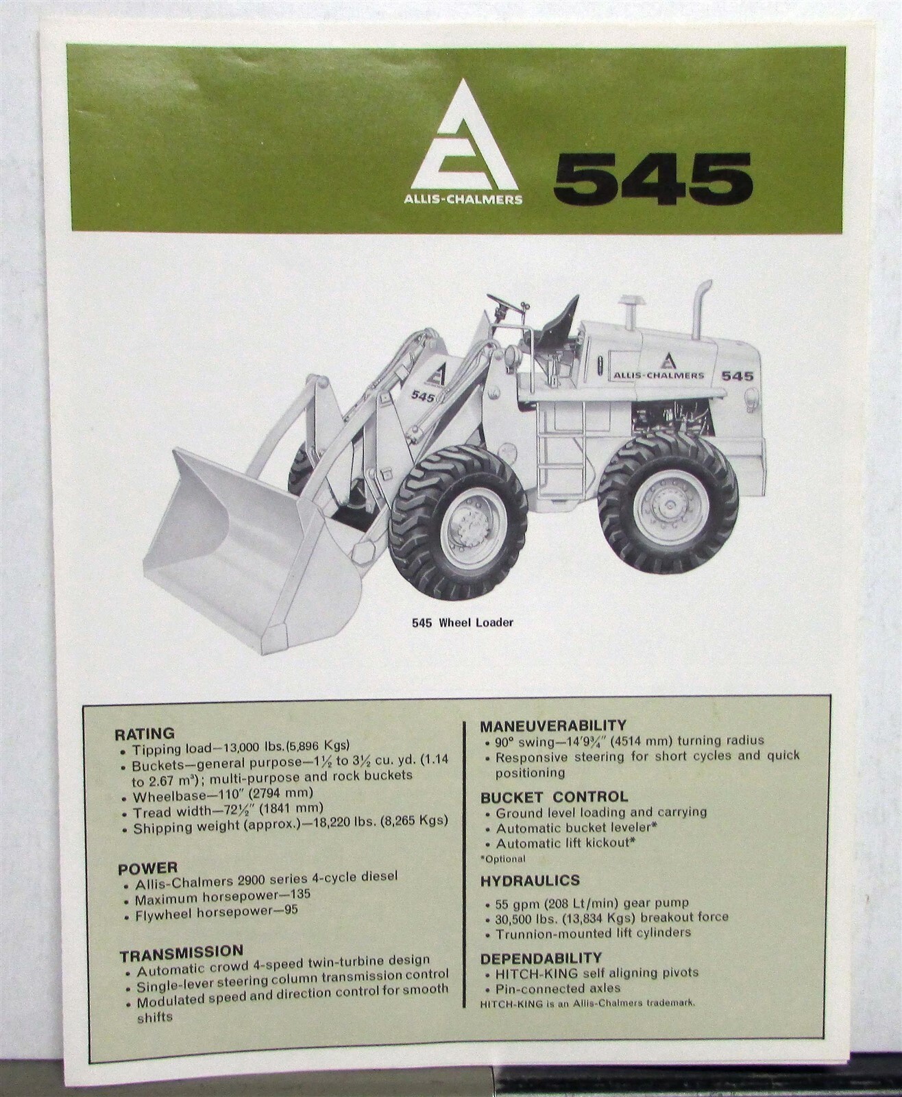 1970 Allis Chalmers 545 Wheel Loader Construction Sales Folder