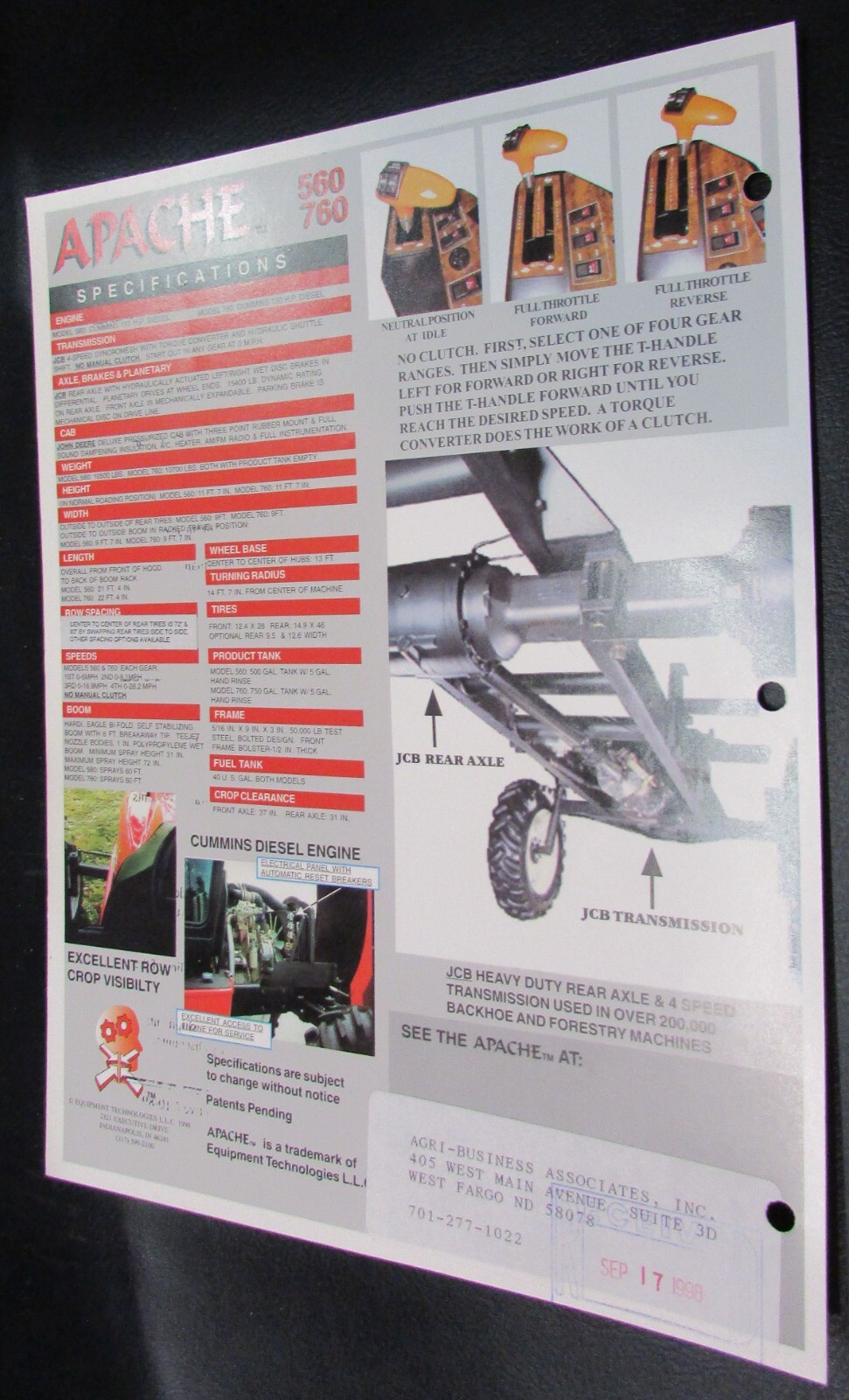 New Vintage 1998 Apache Farm Spray Tractor Equipment Technologies 1 pg Brochure