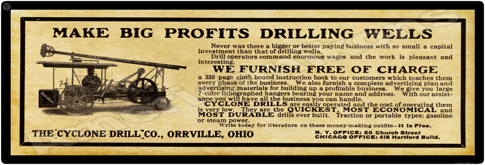 1914 Cyclone Well Drill Co. Metal Sign: Orrville, Ohio – 6&Prime; x 18&Prime; – Free Ship.