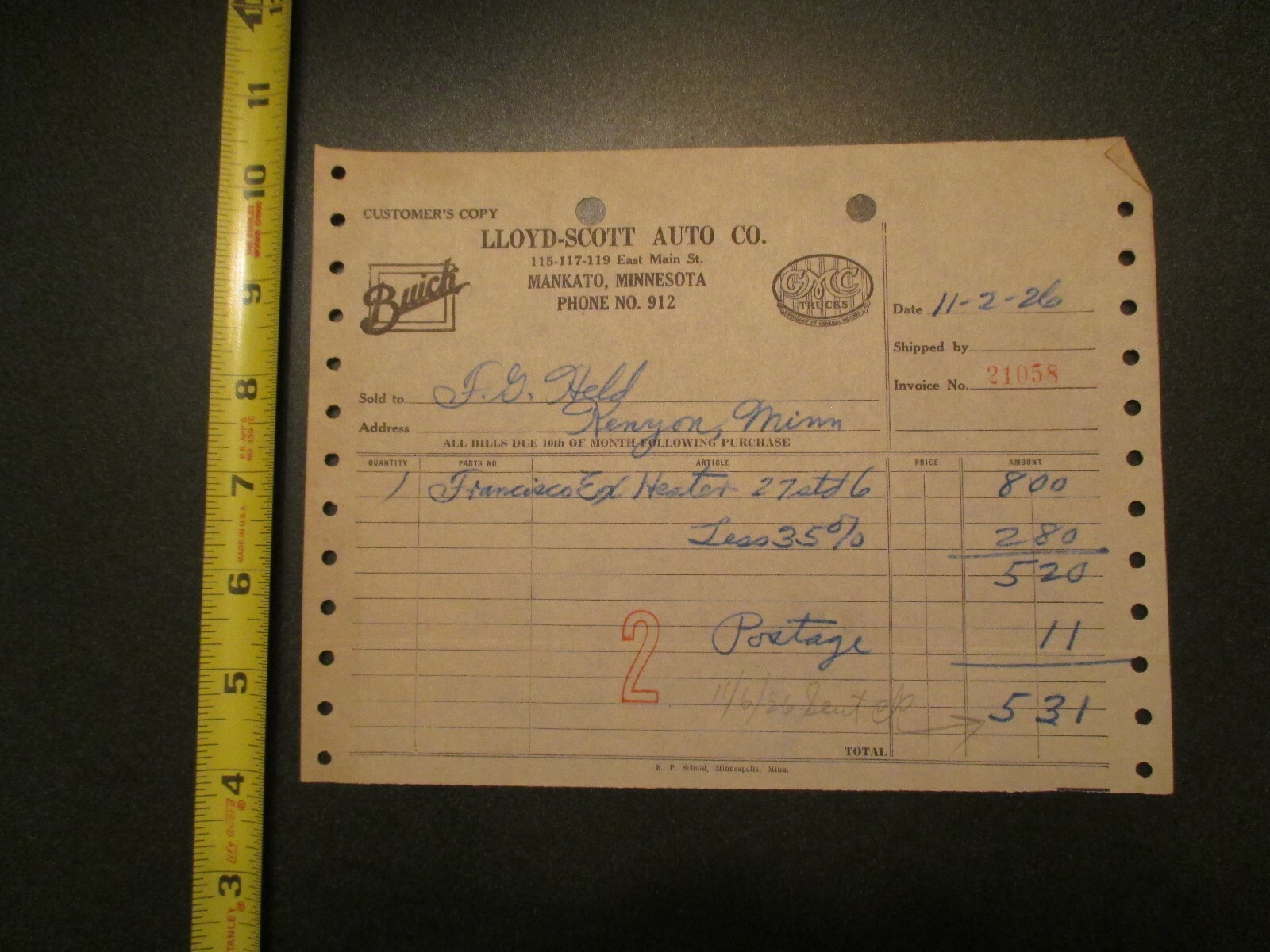 Buick Lloyd Scott Auto Mankato Minnesota 1926 Letterhead 289